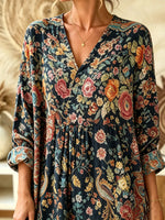 Women's Vintage Floral Paisley Print V-Neck Maxi Dress