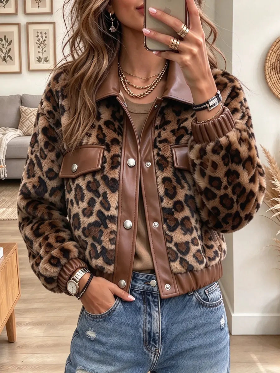 Retro Chic Leopard Leather Patchwork Art Casual Stylish Long Sleeve Coat