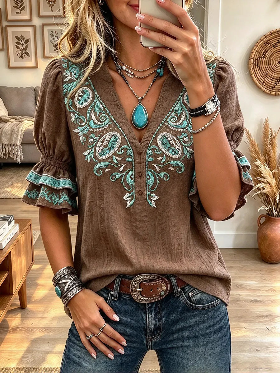Women's V Neck Boho Western Turquoise Floral Blouse