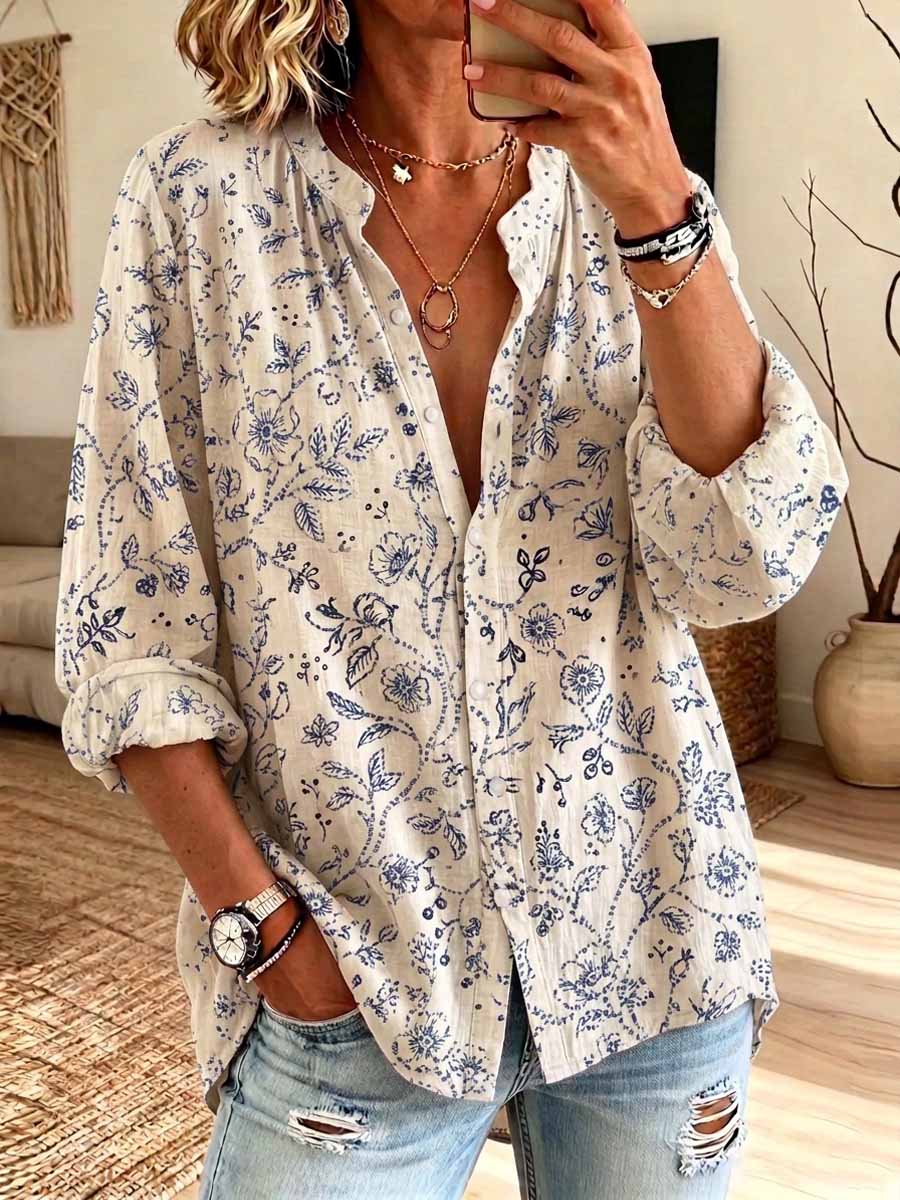 Retro Floral Pattern Art Print Casual Long Sleeve Cotton Linen Shirt