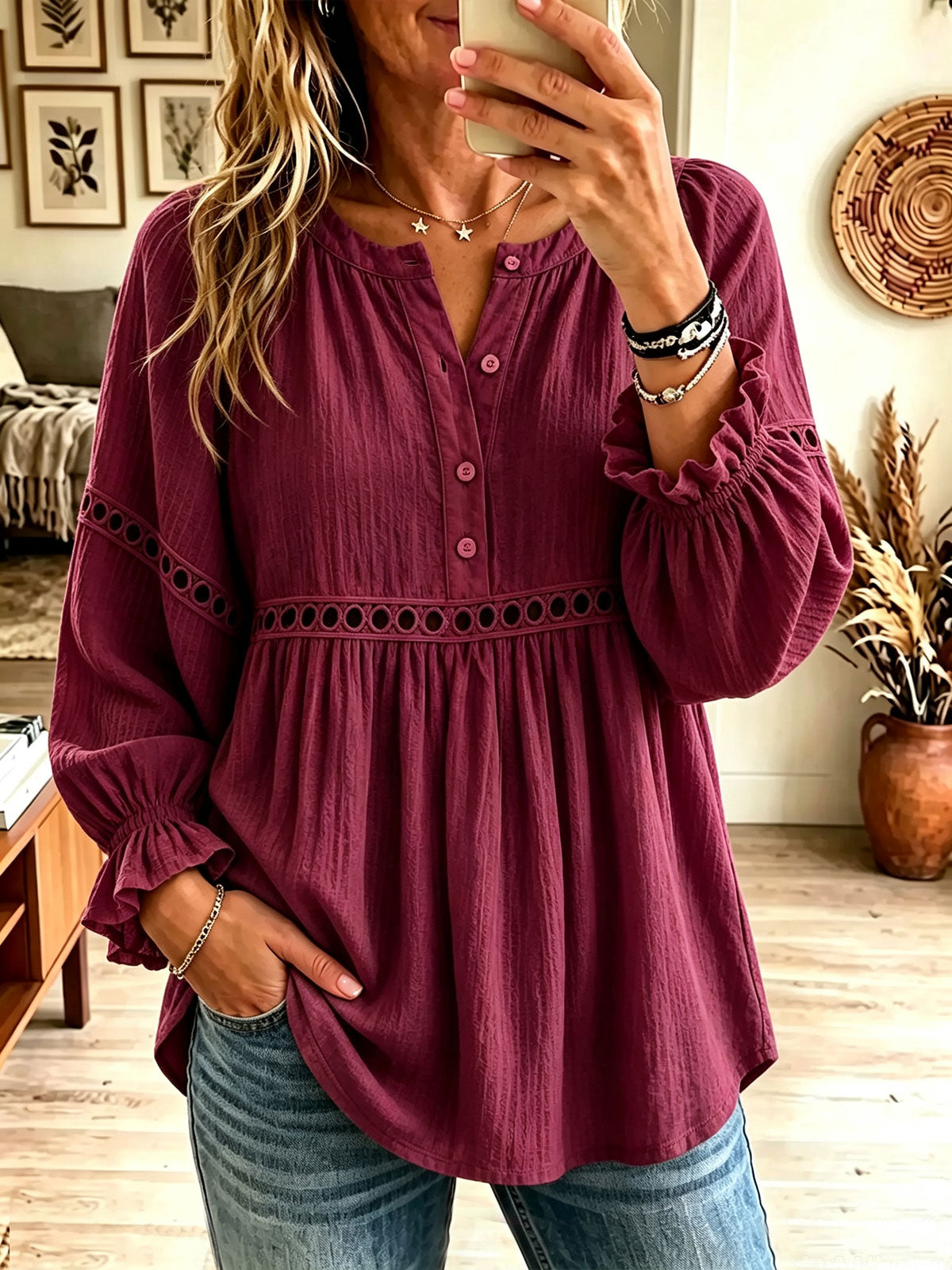 Women's Wine Red Crochet Trim Henley Blouse, Button Front Ruffle Cuff Long Sleeve Top