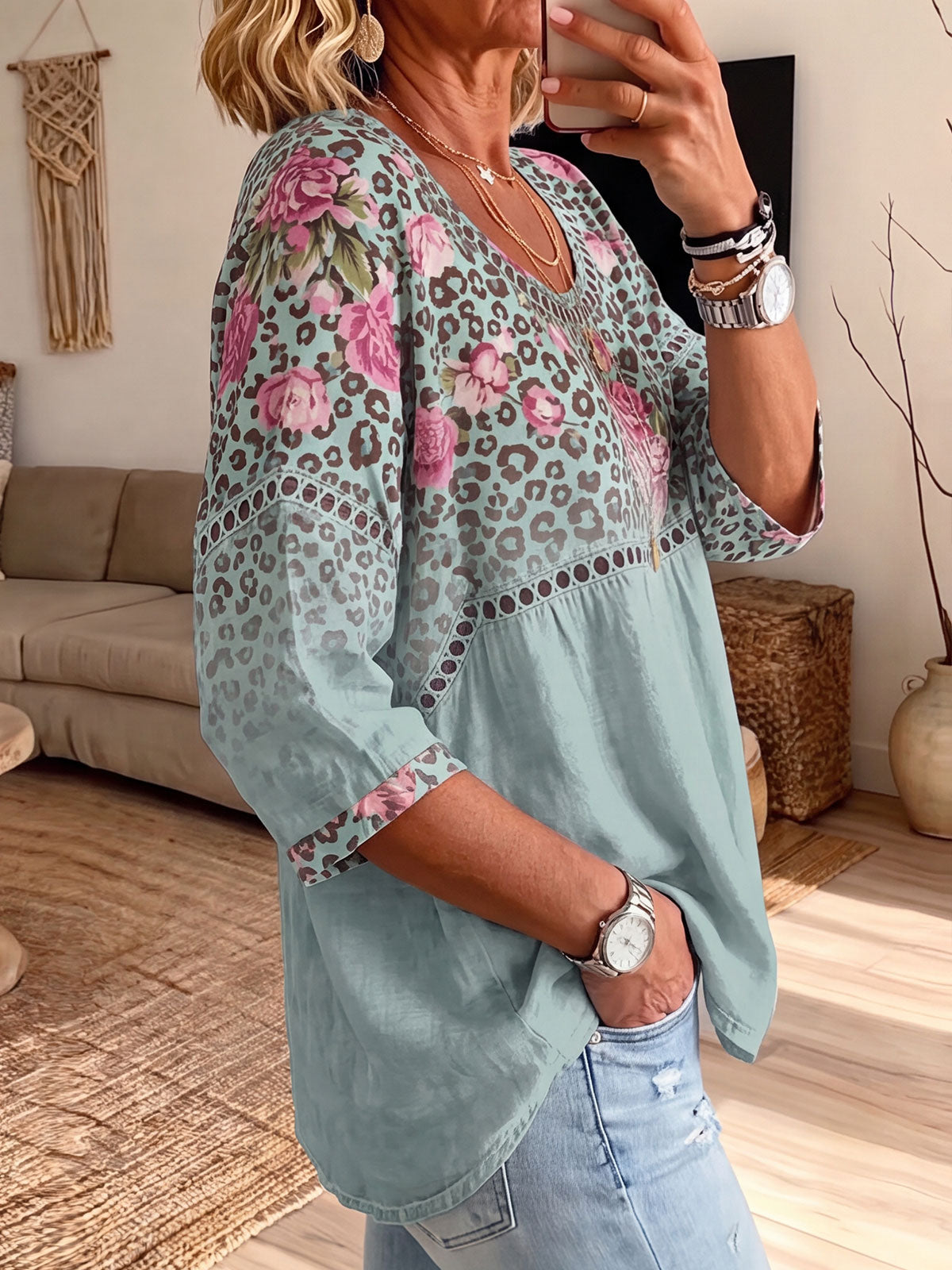 Women's Hollow Lace Spliced Leopard Floral Patchwork 3/4 Sleeve Blouse