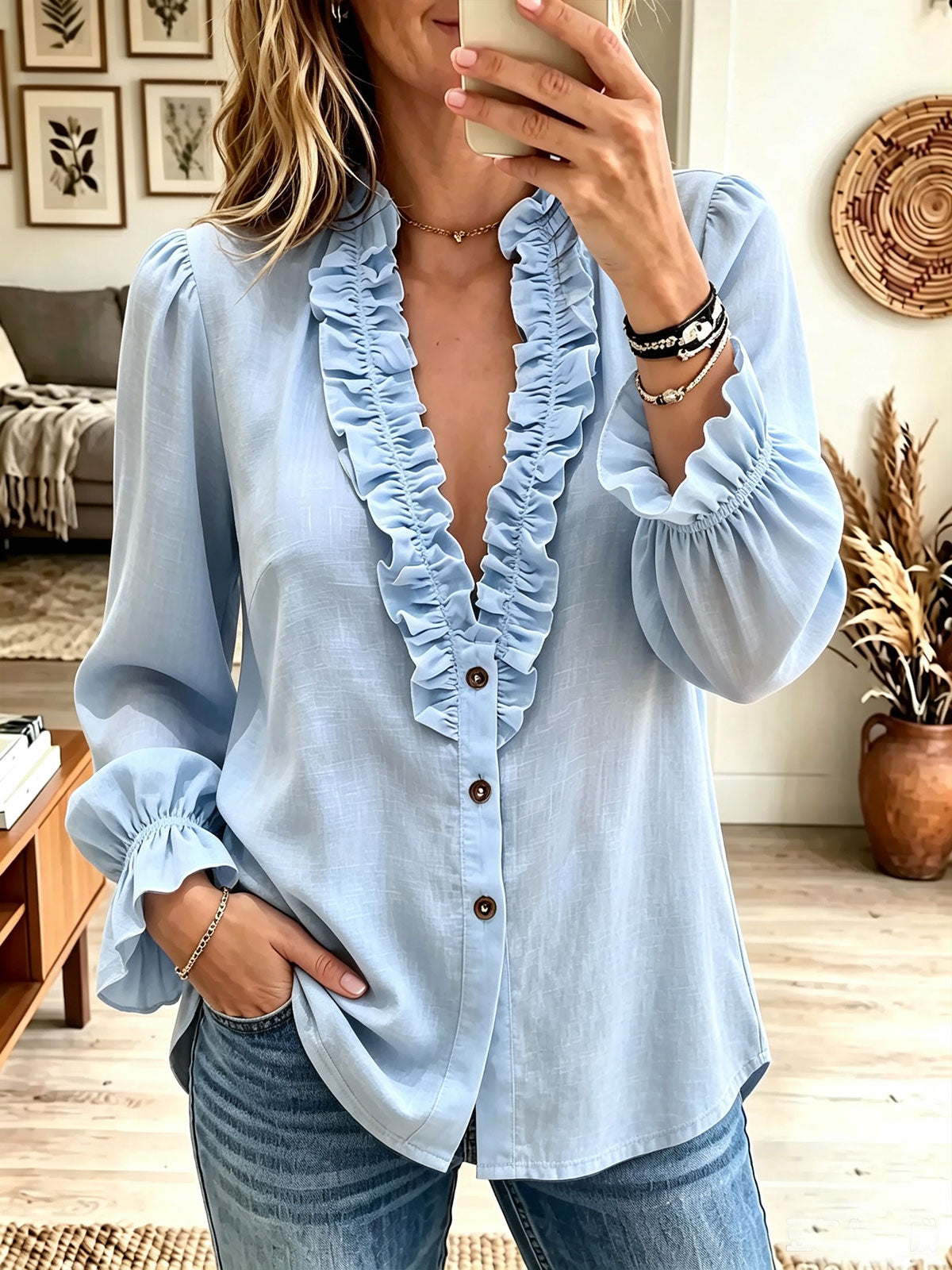 Women's Light Blue Ruffle V Neck Blouse, Button Front Puff Long Sleeve Casual Shirt