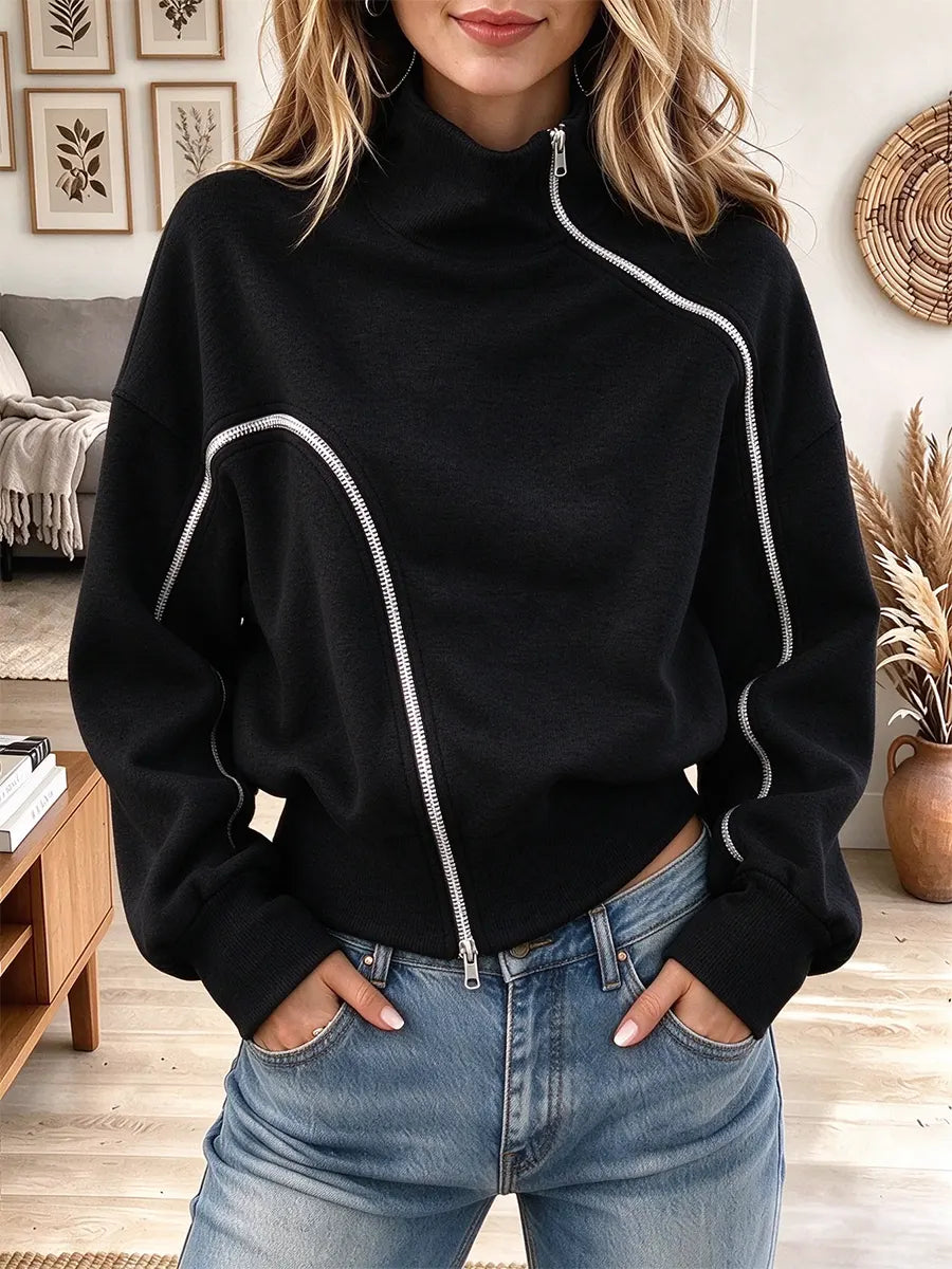 Women's Asymmetric Diagonal Zip High Neck Sweatshirt