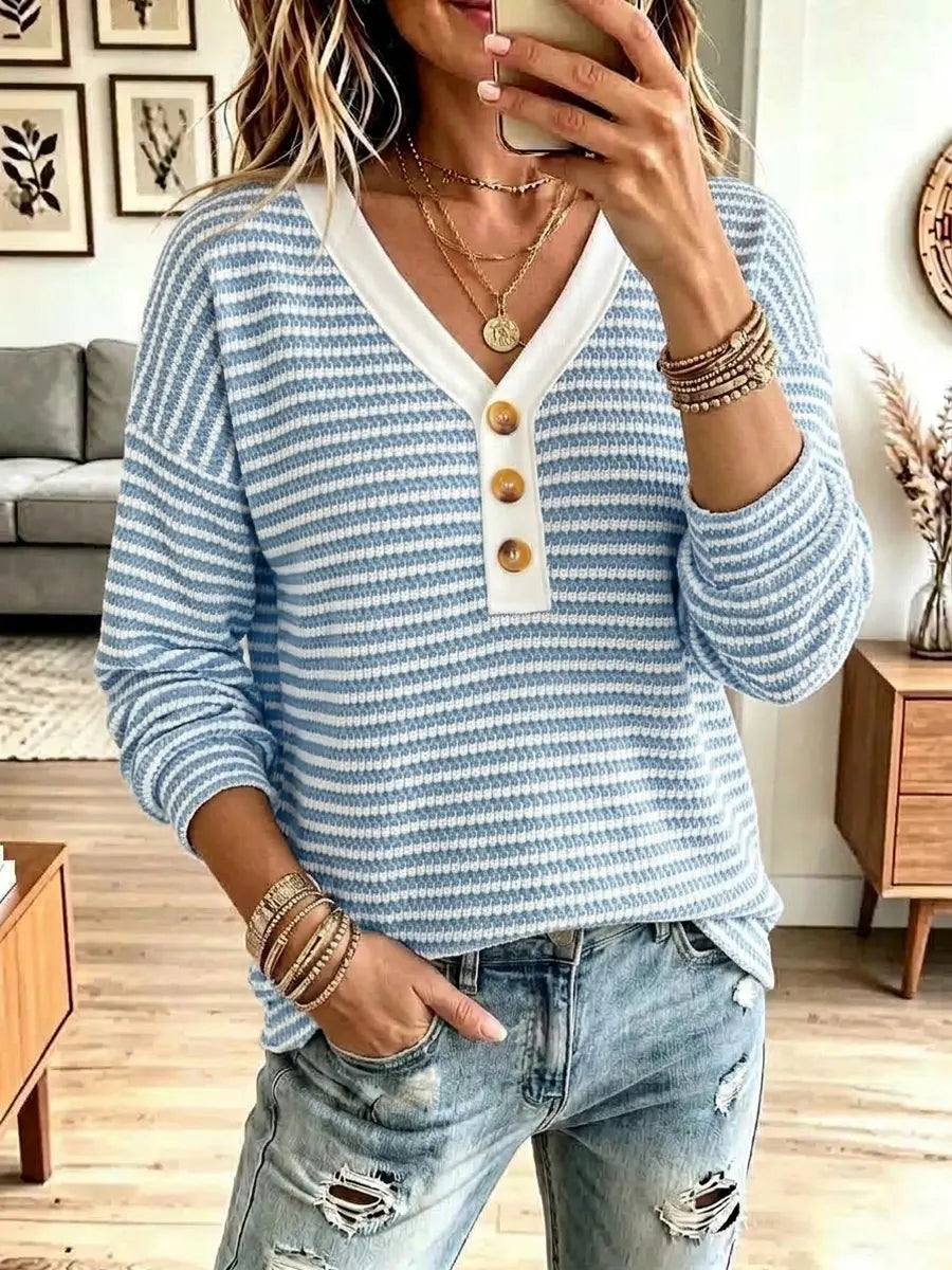 Retro Stripe Art V Collar Casual Stylish Long Sleeve Cotton Shirt