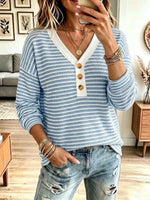 Retro Stripe Art V Collar Casual Stylish Long Sleeve Cotton Shirt