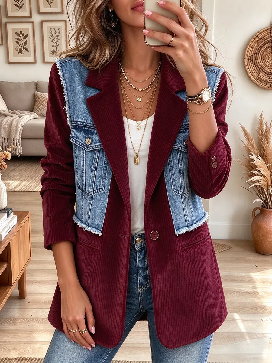 Women's Frayed Denim Patchwork Button Long Sleeve Casual Jacket