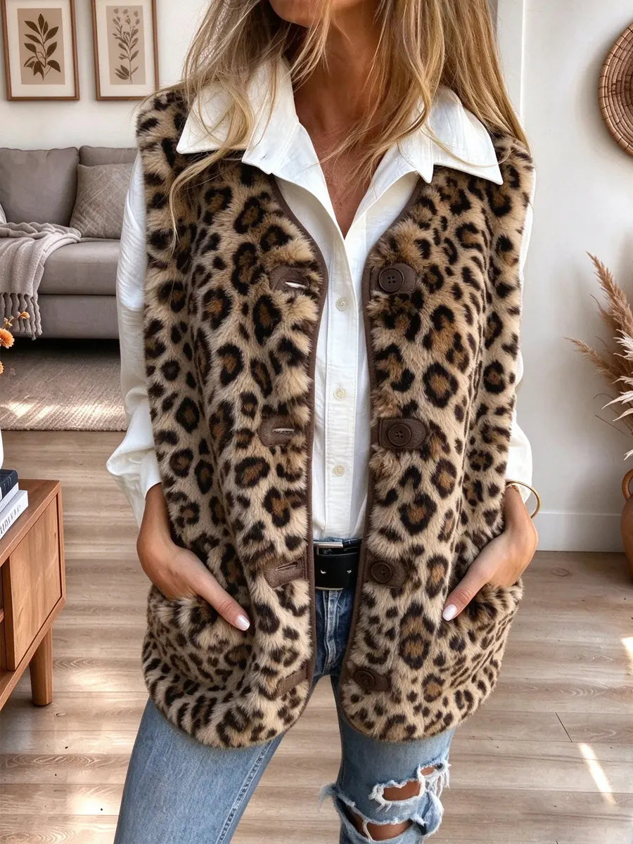 Retro Leopard Pattern Fuzzy Sherpa Art Casual Stylish Sleeveless Vest Coat