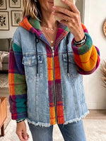 Vintage Elegant Denim Patchwork Plaid Fleece Coat