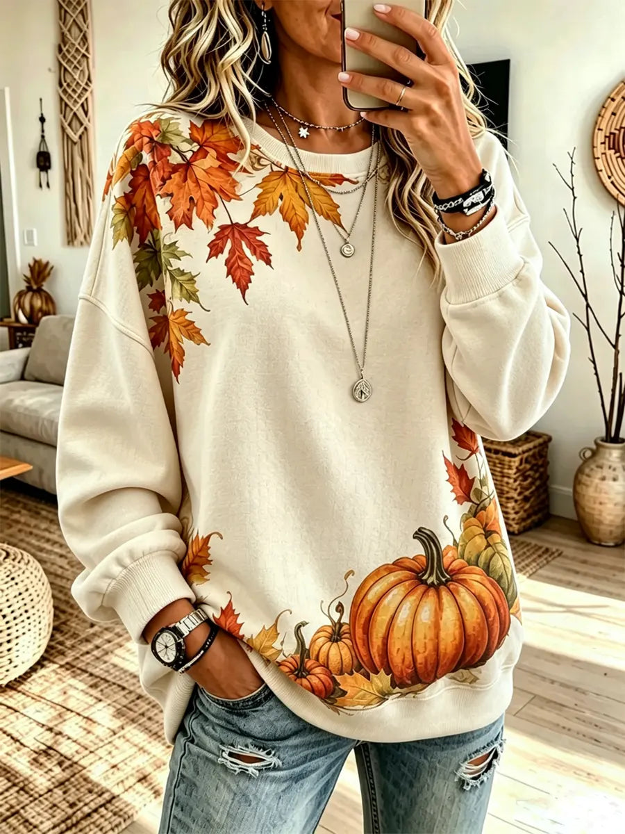 Retro Maple Pumpkin Pattern Art Print Casual Long Sleeve Sweatshirt
