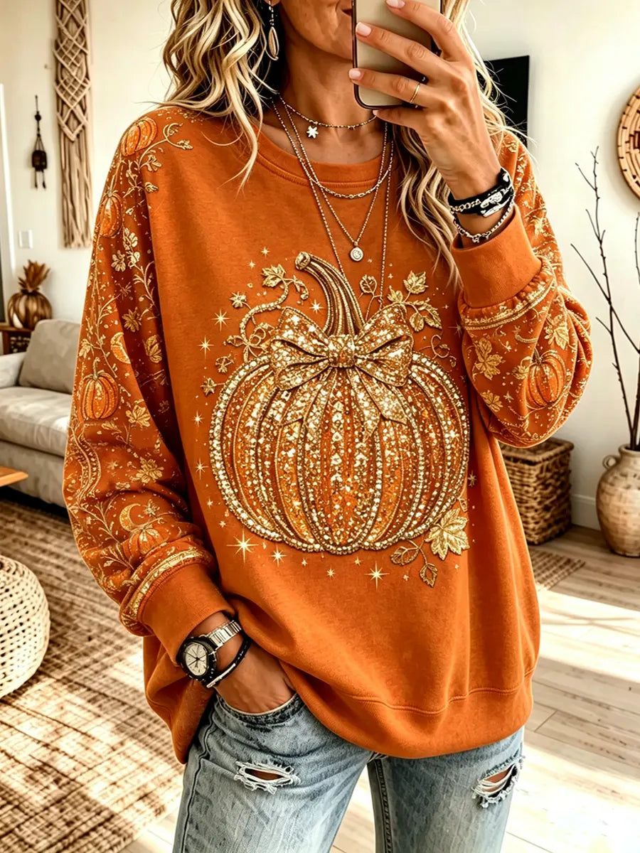 Retro Autumn Pumpkin Pattern Art Print Casual Long Sleeve Sweatshirt