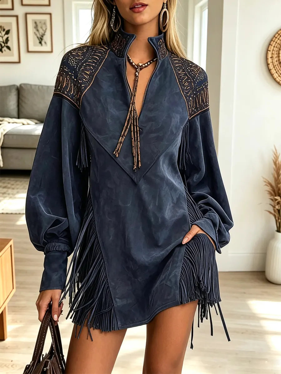 Vintage Western Fringe Art Casual Stylish Long Sleeve Mini Dress