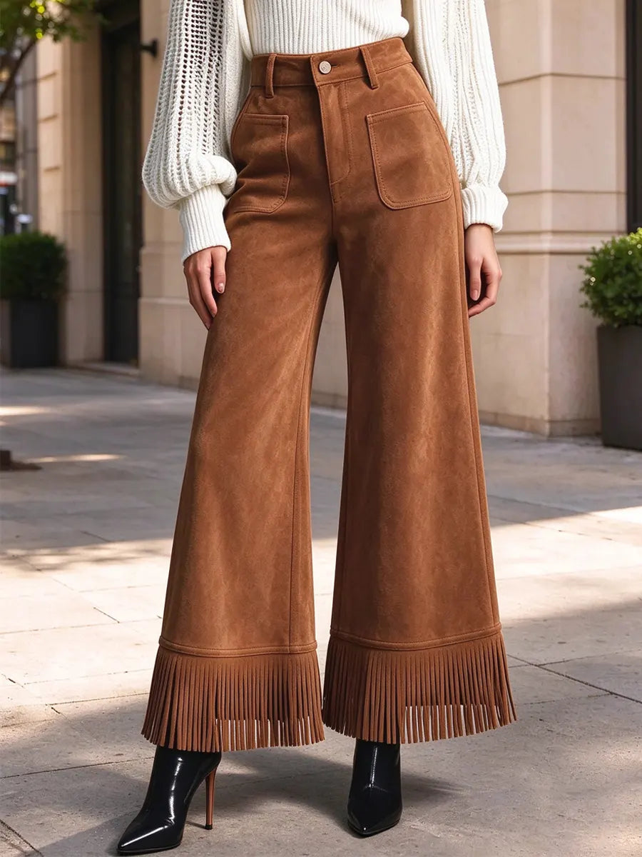 Retro Chic Fringe Loose High Waist Art Casual Stylish Suede Pants