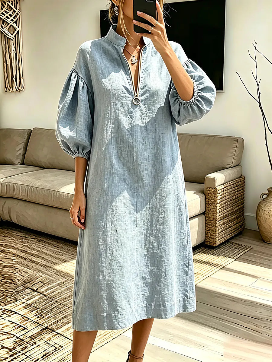 Vintage Elegant Cotton Linen Stand-up Collar Puff Sleeve Half Zipper Dress