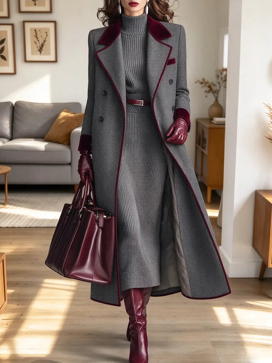 Retro Chic Art Casual Stylish Long Sleeve Lapel Coat And Turtleneck Knit Elegant Dress