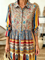 Women's Stripe Paisley Patchwork Print Collared Long Sleeve Maxi Dress