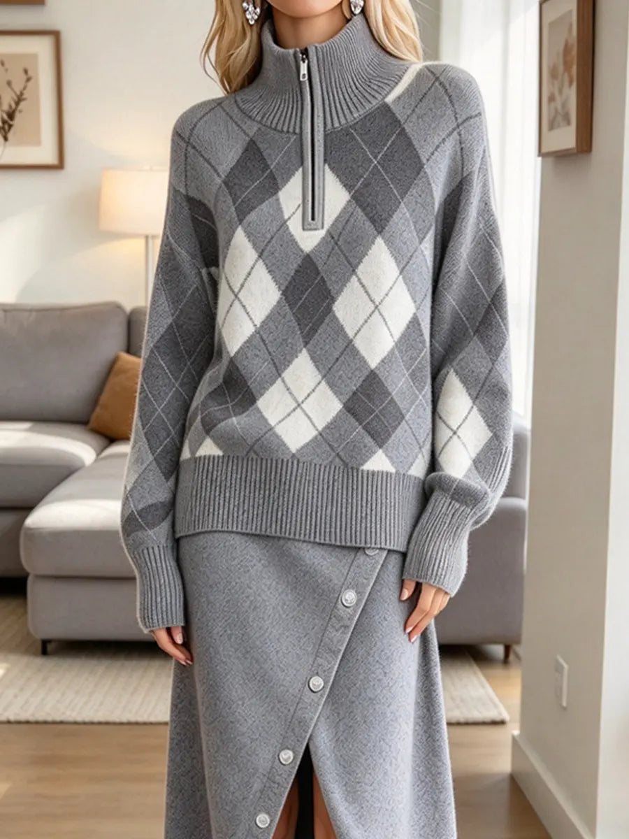 Vintage Plaid Pattern Art Casual Stylish Sweater And Knitted Skirt Two-piece Set