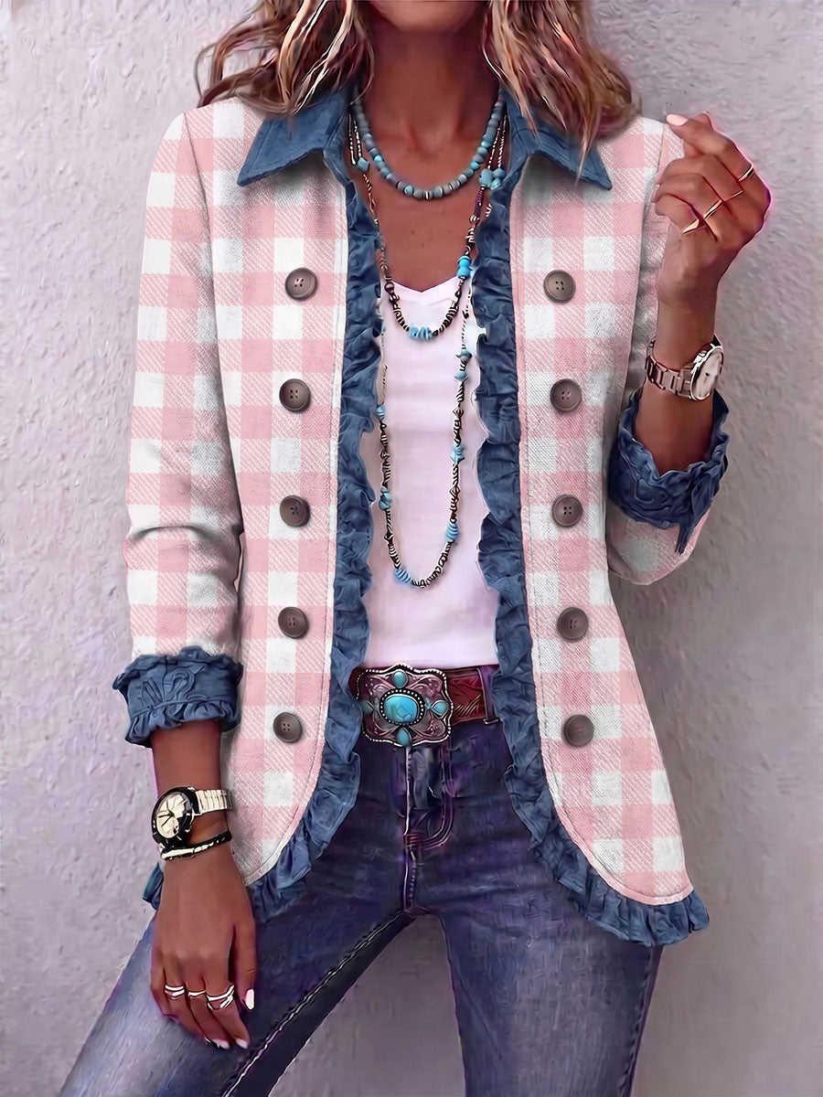 Vintage Elegant Pattern Patchwork Denim Ruffled Jacket