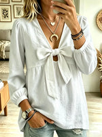 Retro Solid Color Bow Knot Art Casual Long Sleeve Cotton Shirt