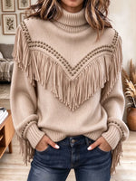 Retro Western Fringe Turtleneck Art Casual Stylish Long Sleeve Sweater