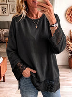Women's Floral Lace Spliced Hem Pullover - Casual Loose Crewneck Sweatshirt Top