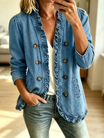 Retro Ruffle Solid Color Button Art Casual Stylish Long Sleeve Denim Coat