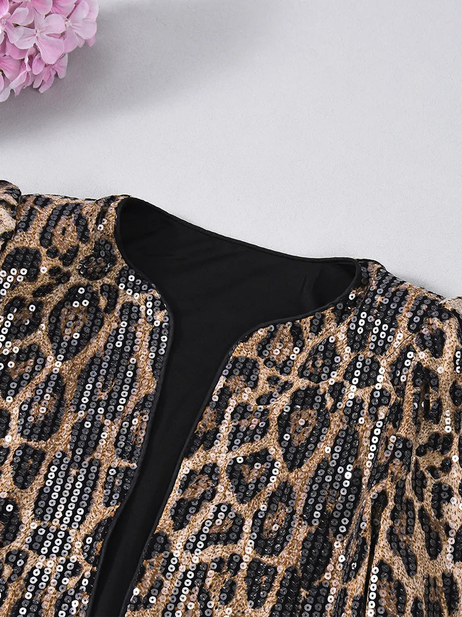 Retro Chic Leopard Sequin Casual Stylish Long Sleeve Coat