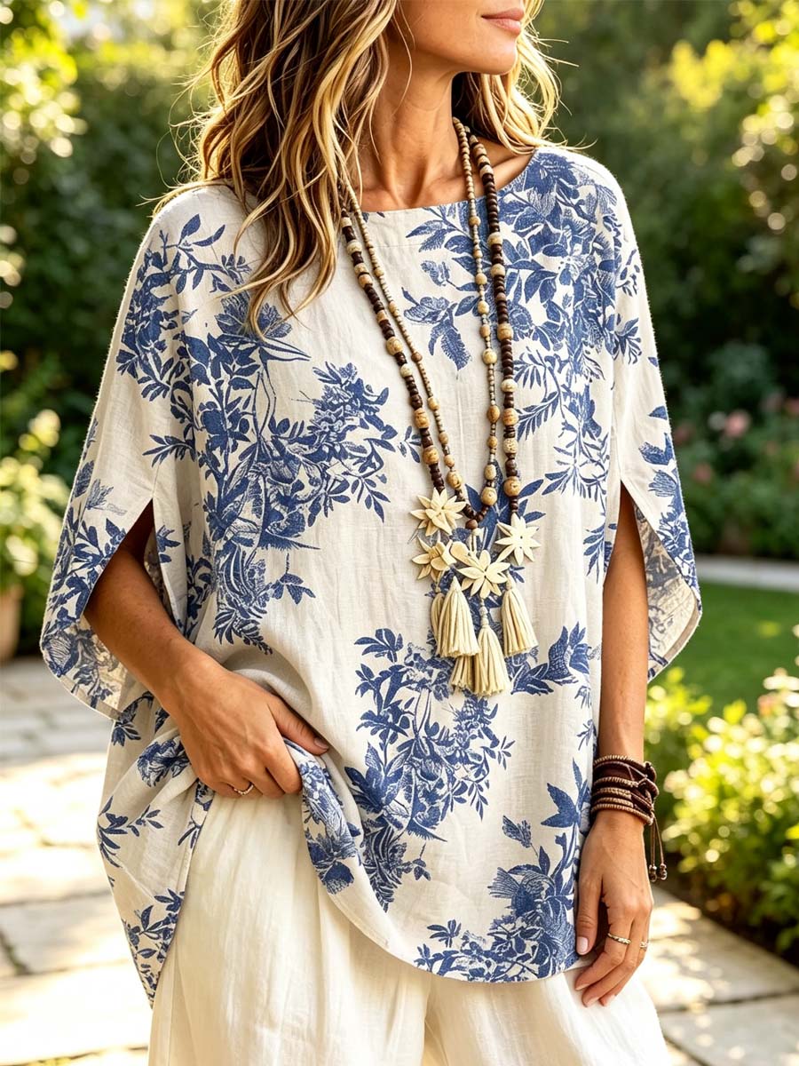 Retro Floral Pattern Art Print Casual Short Sleeve Cotton Linen Shirt