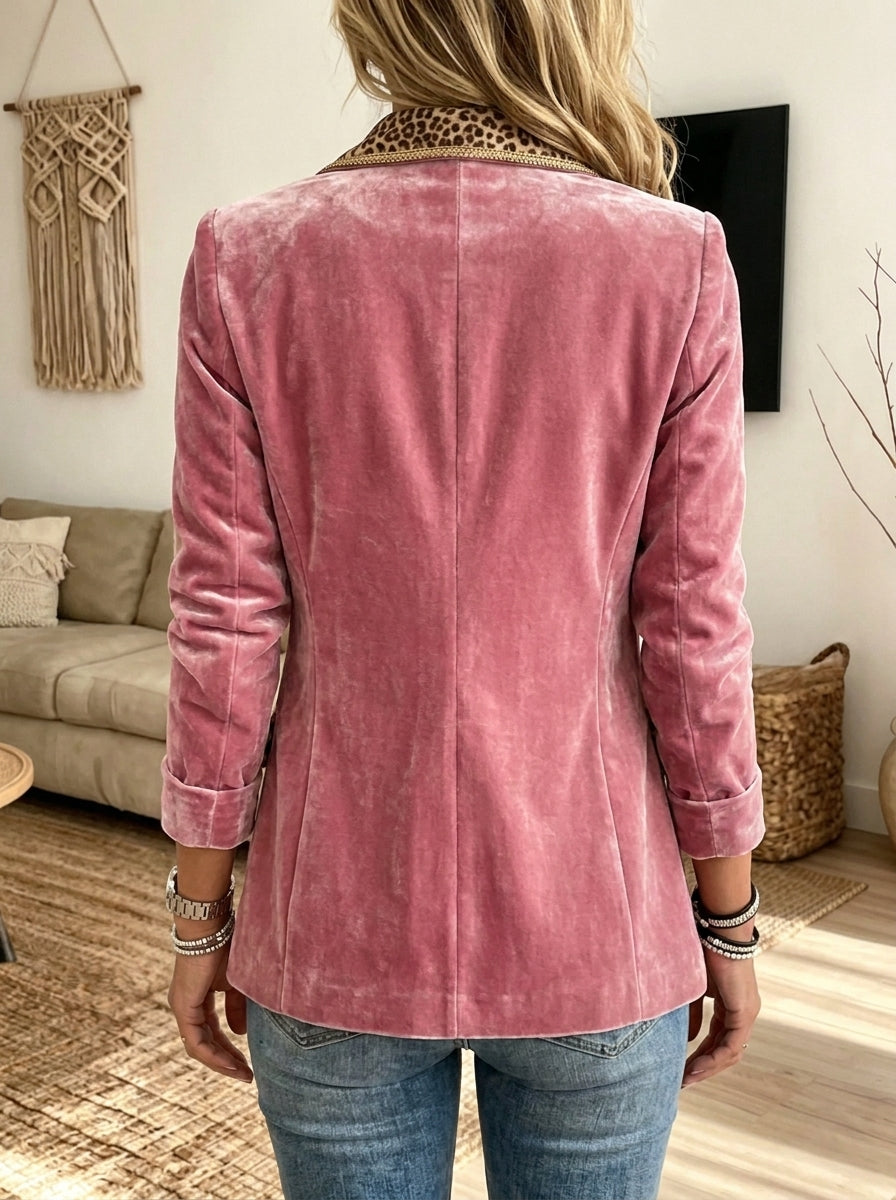 Women Pink Velvet Blazer Leopard Contrast Lapel Single Button Elegant Suit Jacket