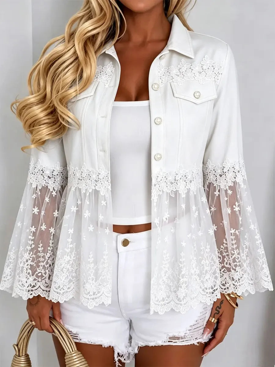 Retro Floral Lace Patchwork Casual Stylish Denim Lapel Coat