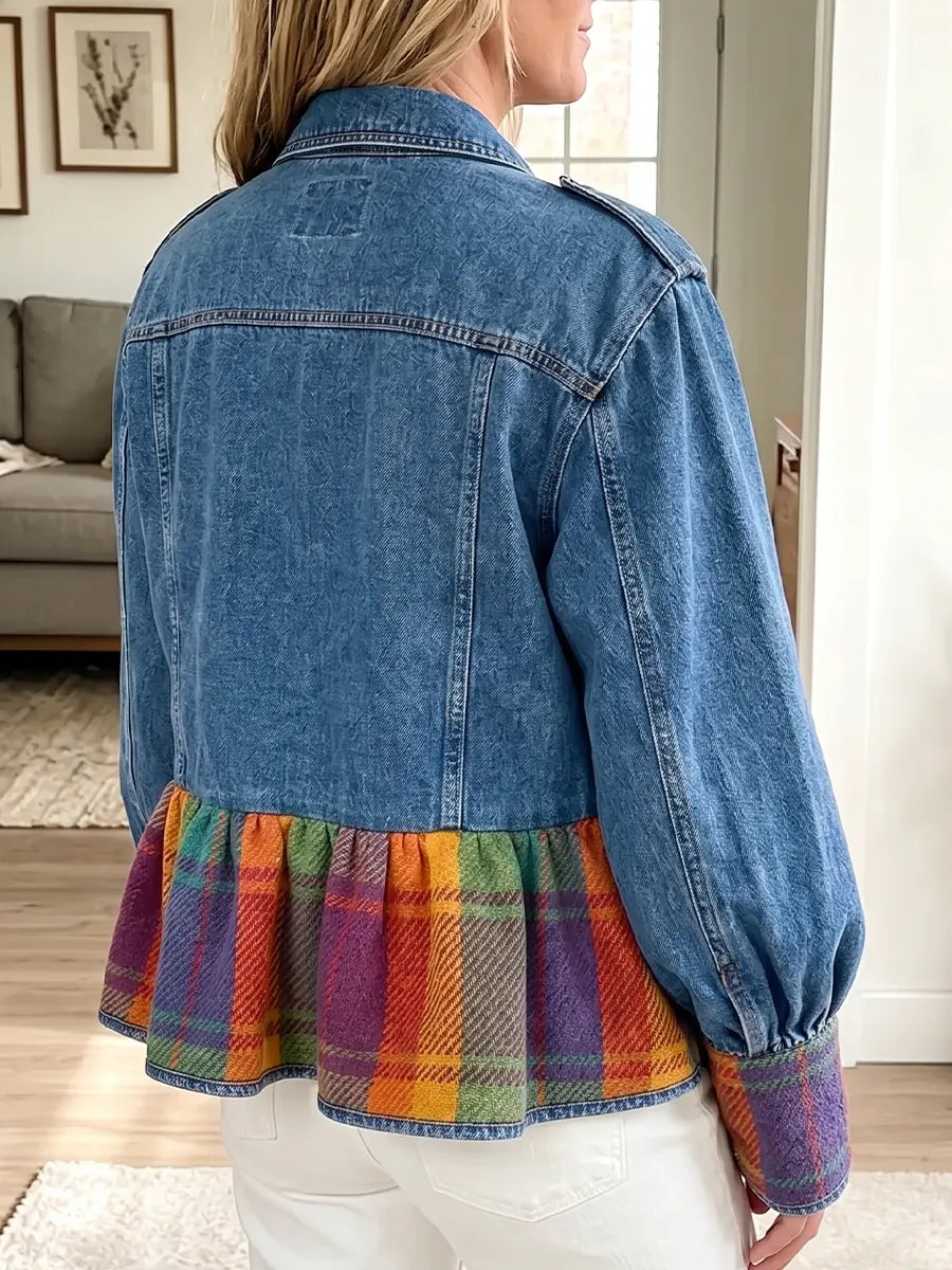 Vintage Elegant Denim Patchwork Plaid Ruffles Jacket