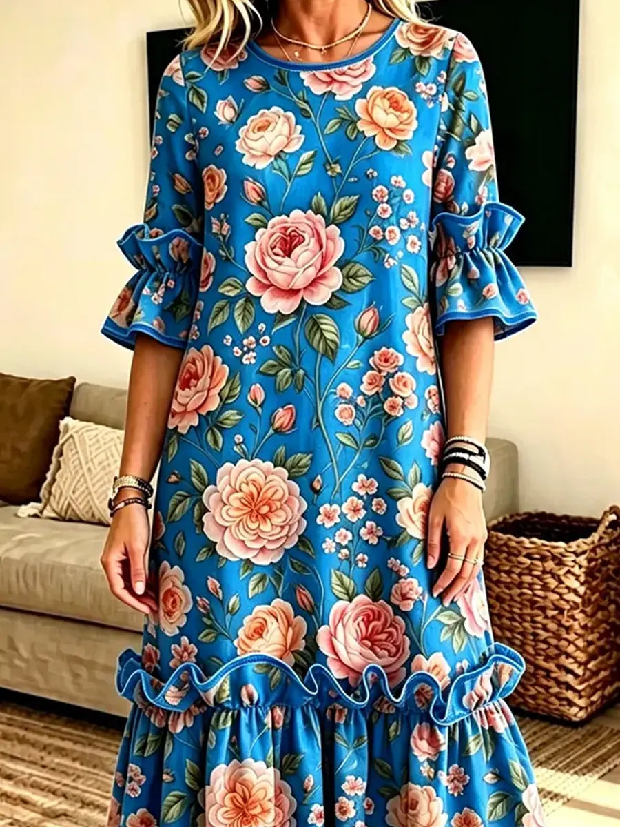 Retro Floral Pattern Art Print Casual Ruffle Stylish Cotton Linen Dress