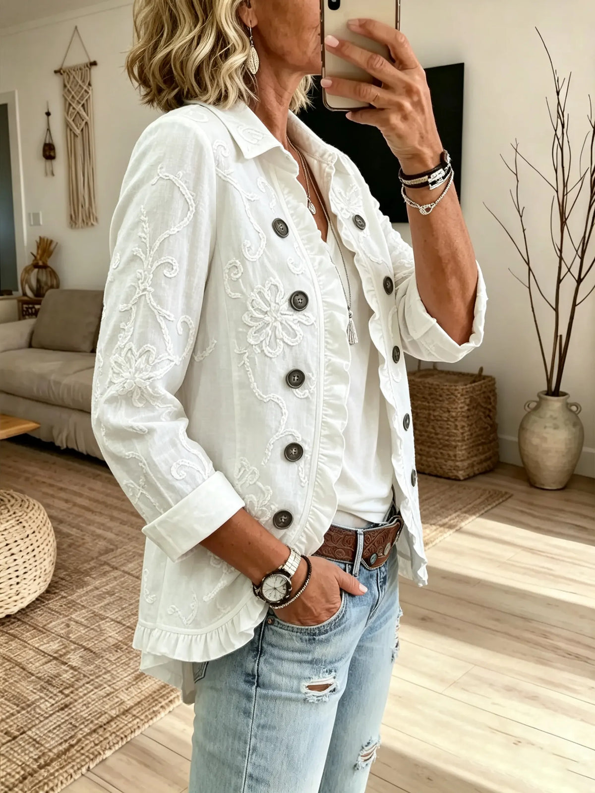 Women's Solid Ruffled Lapel Long Sleeve Jacket