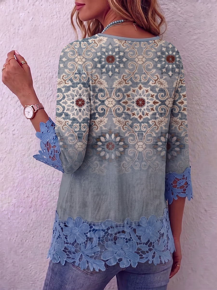 Vintage Elegant Pattern Print Patchwork Hollowed Out Lace Shirt