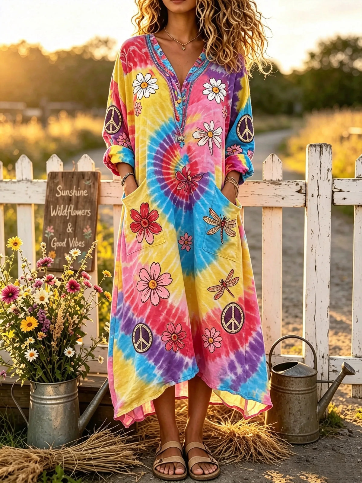 Women's Spiral Tie-Dye Daisy Dragonfly Peace Sign V-Neck Midi Dress