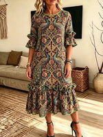 Retro Floral Peacock Pattern Art Print Casual Ruffle Stylish Cotton Linen Dress
