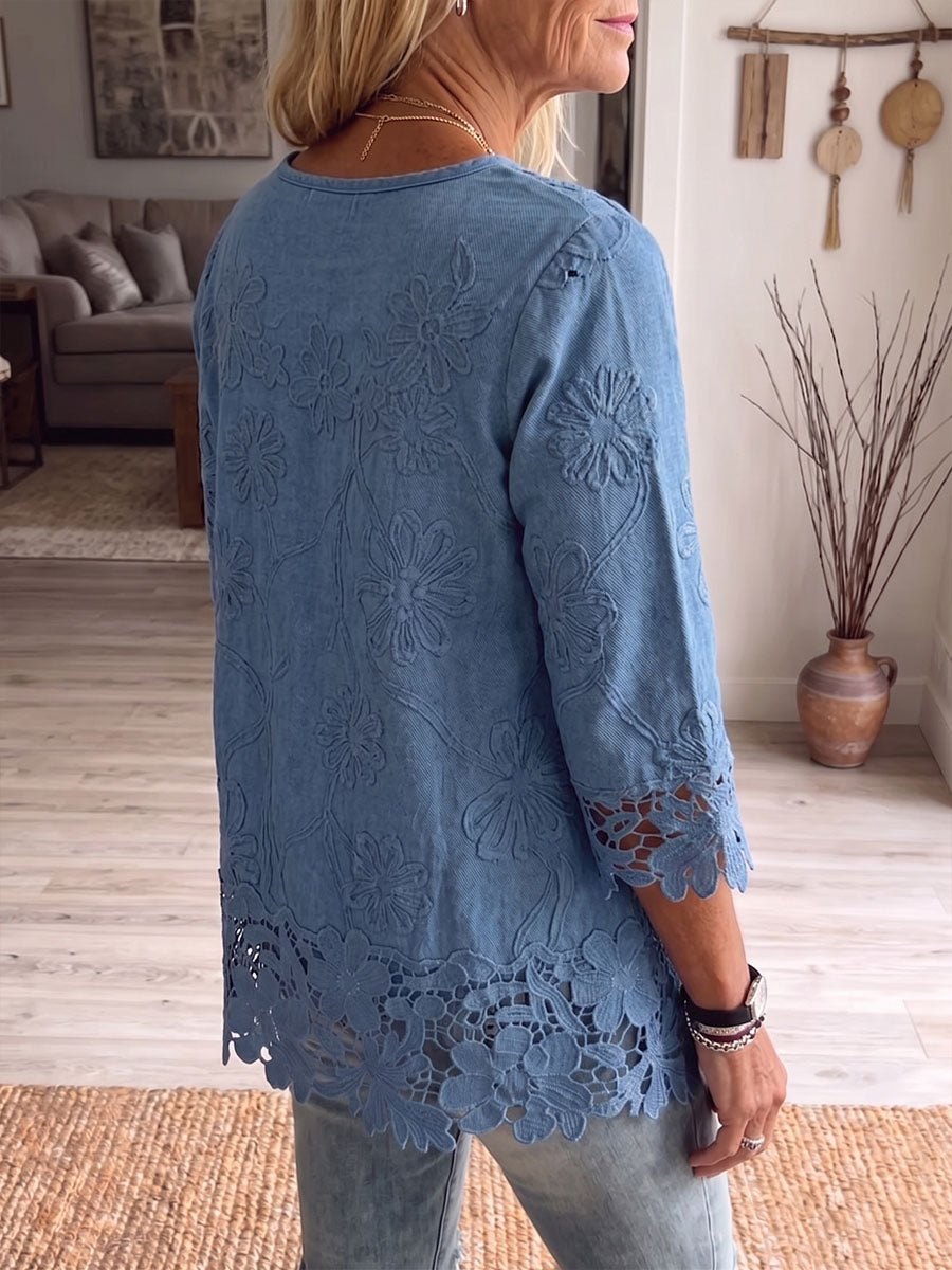 Vintage Elegant Denim Patchwork Hollowed Out Lace Shirt