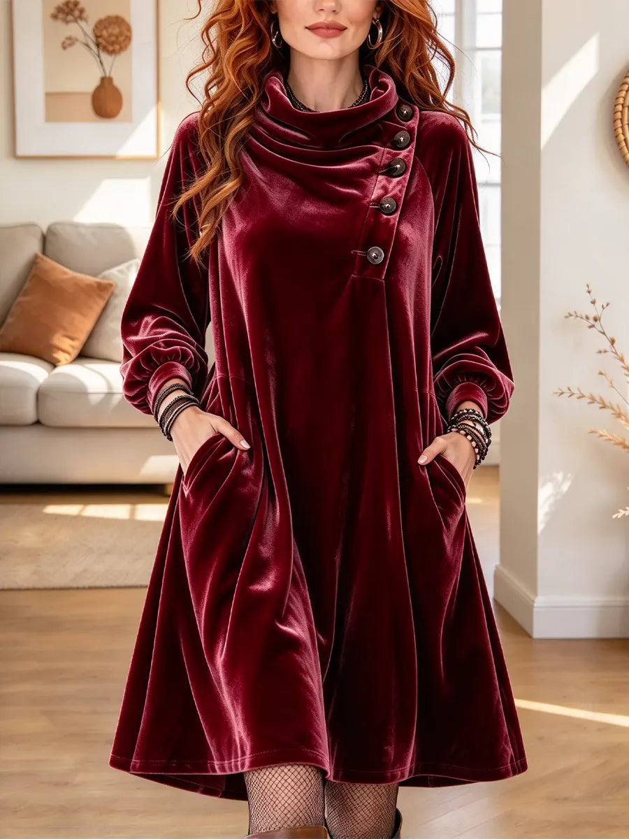 Vintage Chic Cowl Neck Velvet Art Casual Stylish Long Sleeve Mini Dress