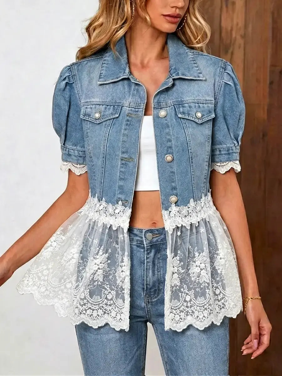 Retro Floral Lace Patchwork Casual Stylish Short Sleeve Denim Lapel Coat