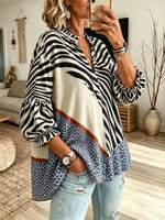Women's Zebra Stripe Geometric Patchwork Print Stand Collar Bubble Sleeve Blouse