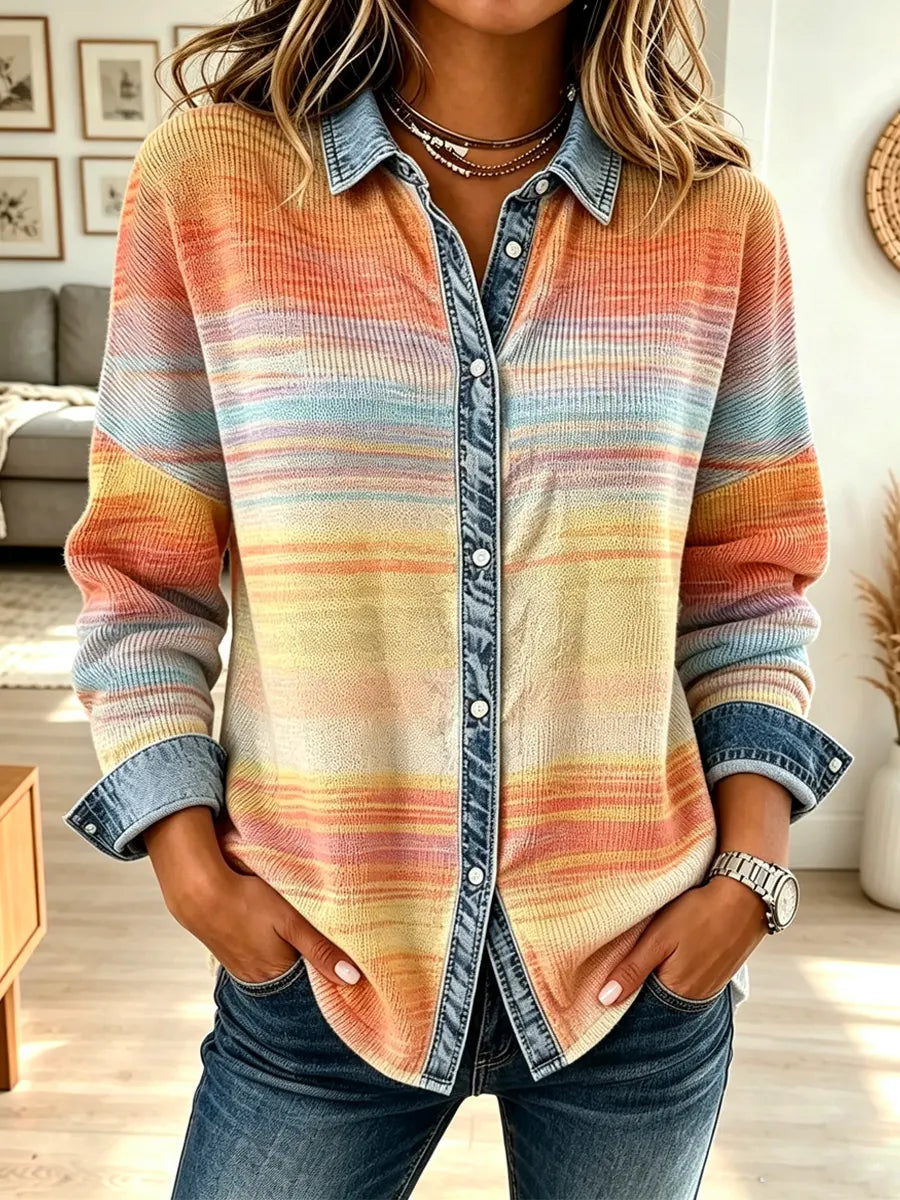 Retro Gradient Knitted Denim Art Patchwork Casual Stylish Long Sleeve Shirt