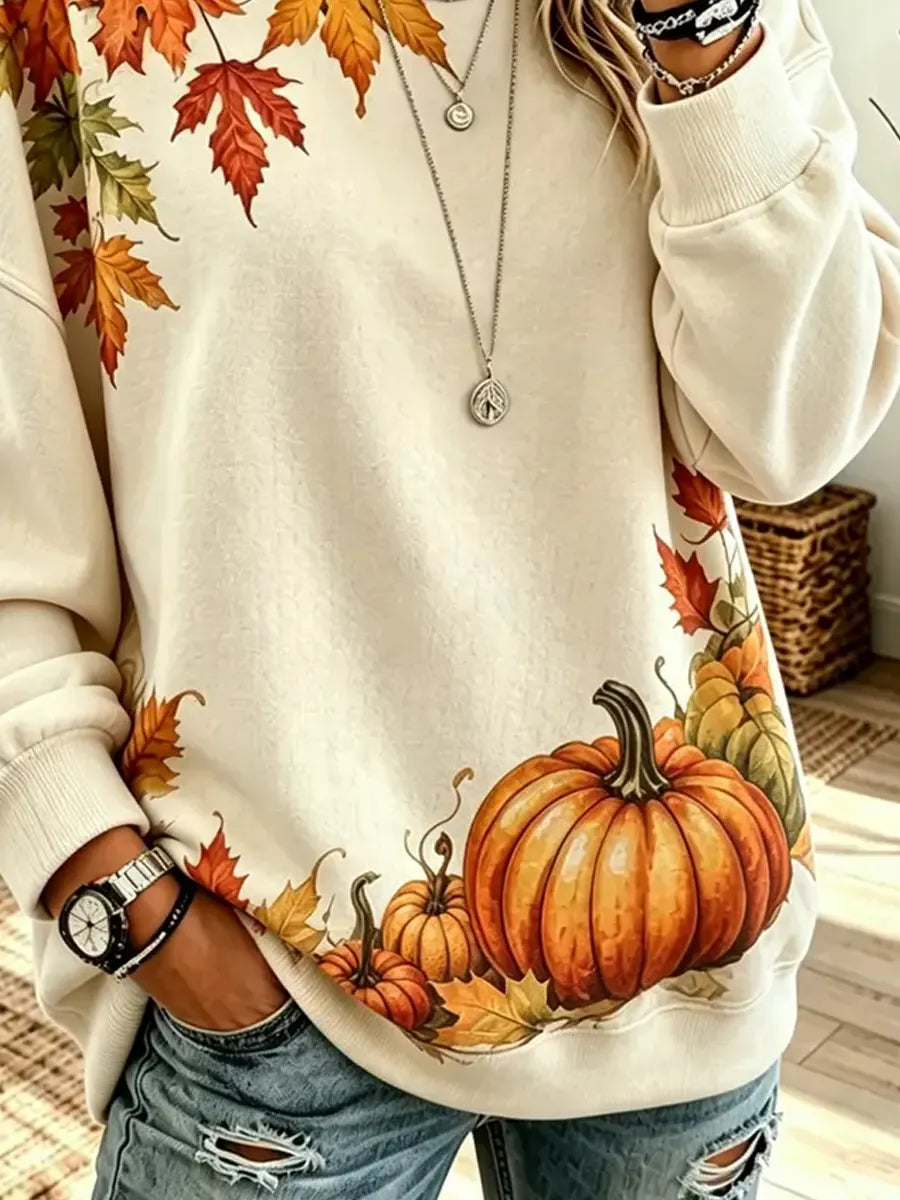Retro Maple Pumpkin Pattern Art Print Casual Long Sleeve Sweatshirt