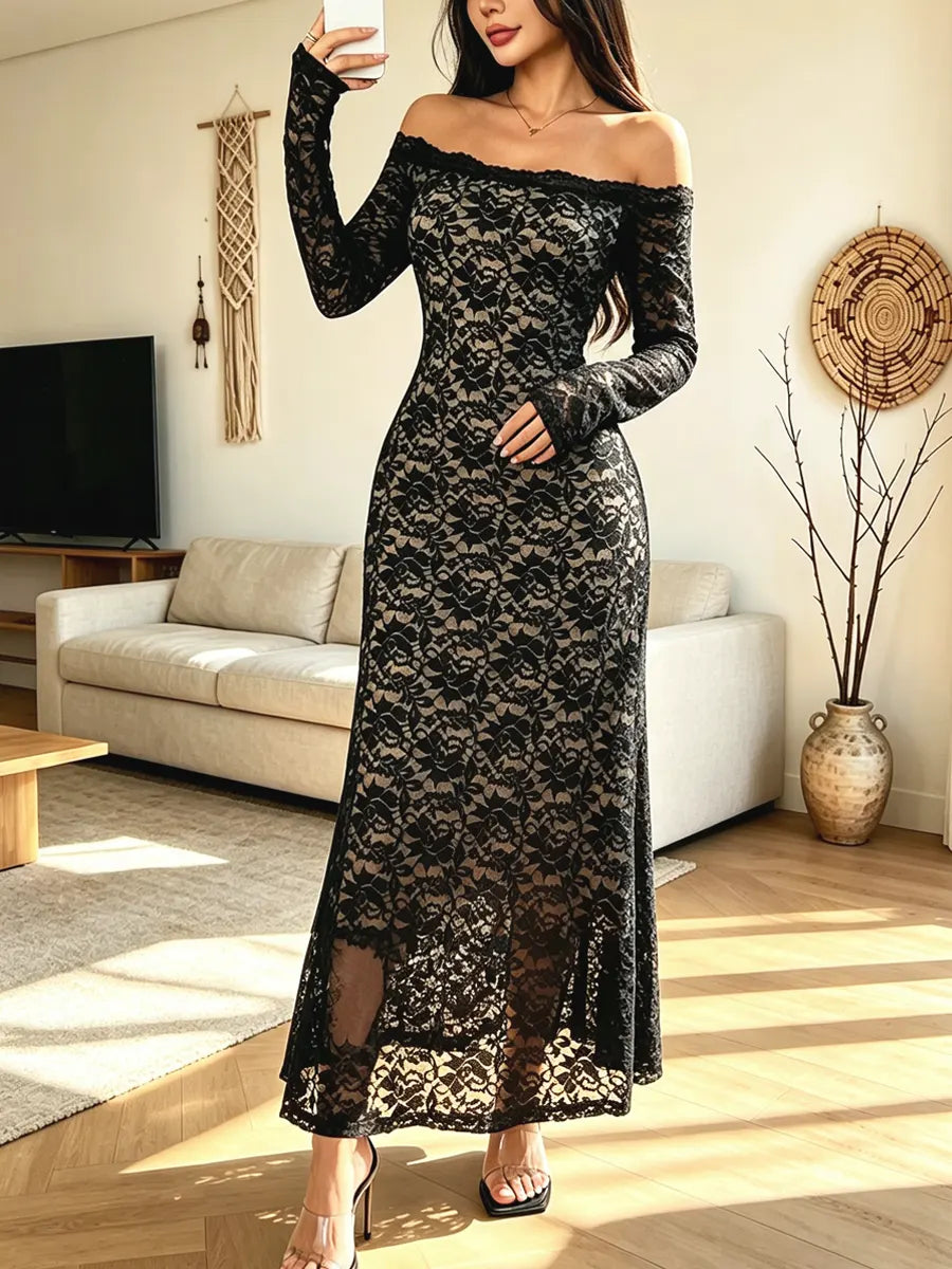 Retro Elegant Floral Lace Off-shoulder Art Casual Stylish Long Sleeve Dress
