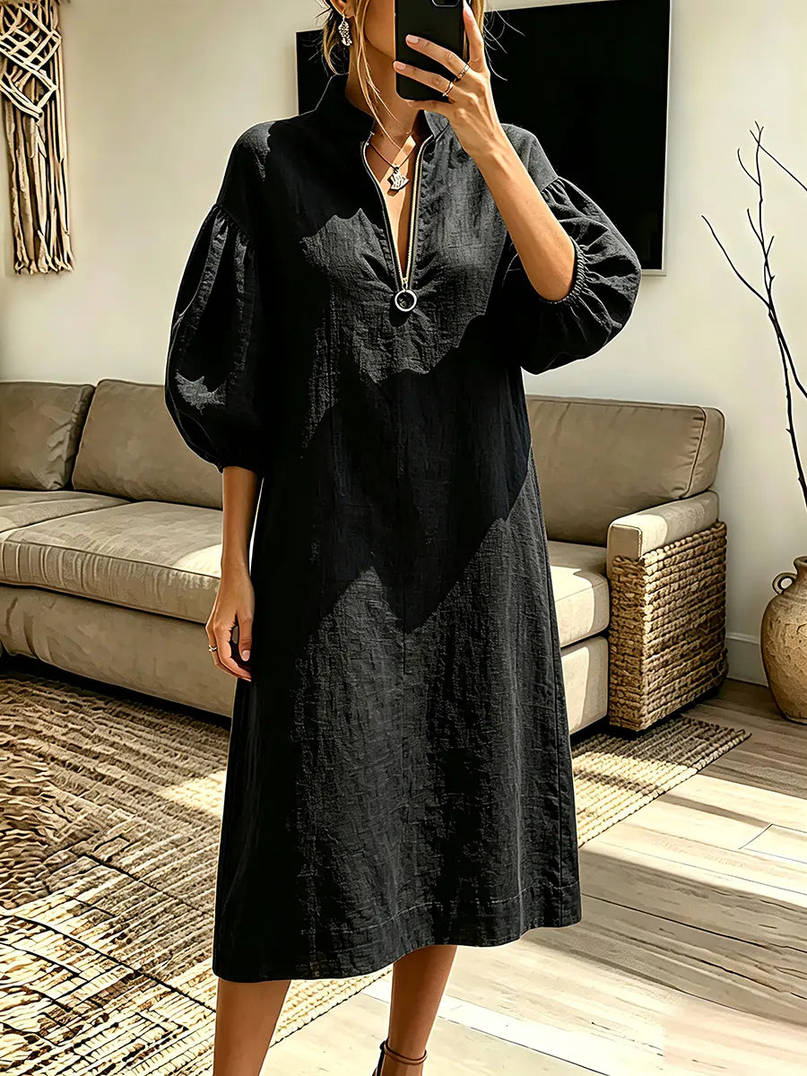 Vintage Elegant Cotton Linen Stand-up Collar Puff Sleeve Half Zipper Dress