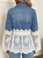 Retro Floral Lace Patchwork Casual Stylish Long Sleeve Denim Lapel Coat