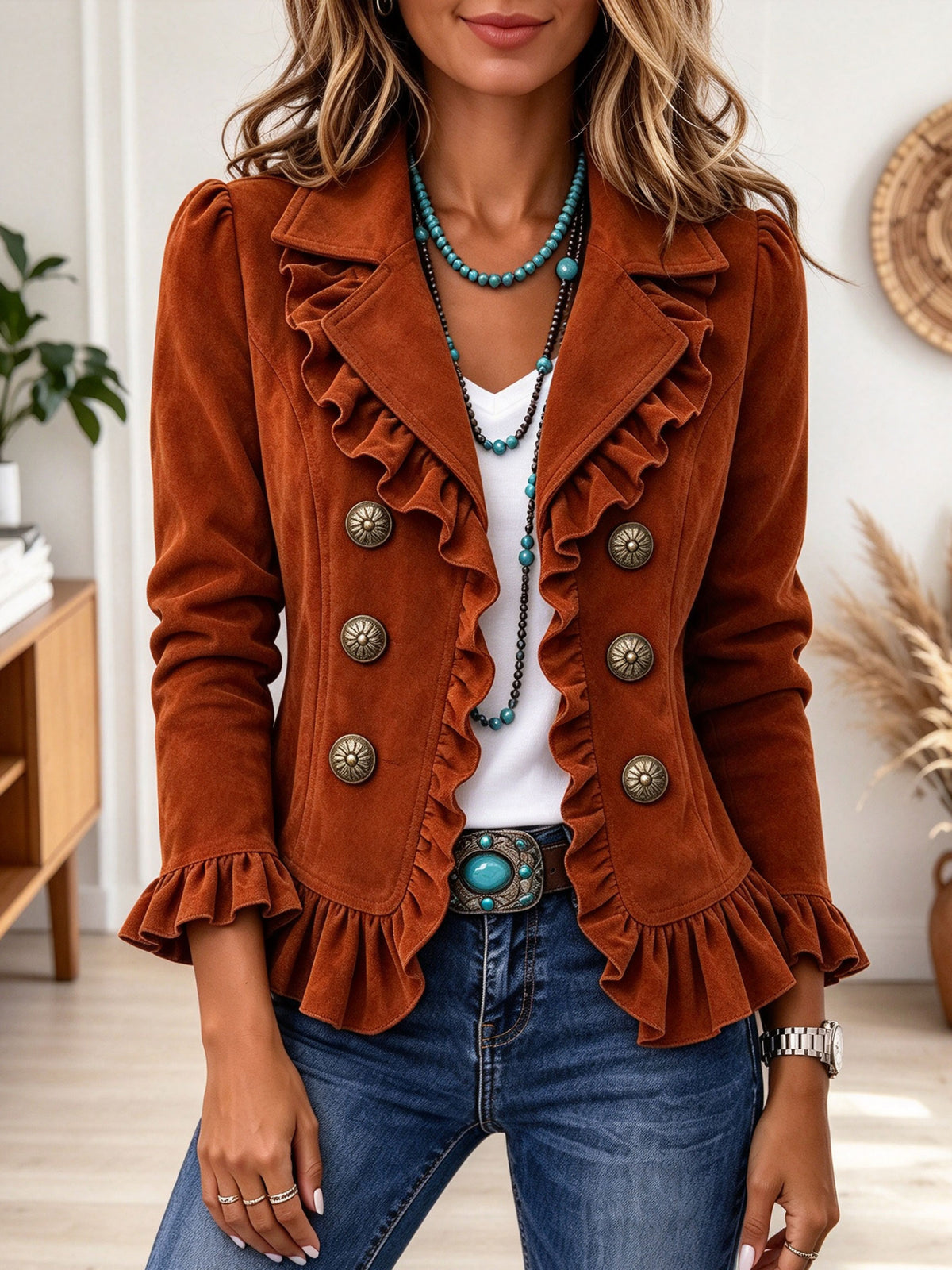 Brown Ruffled Double Breasted Western Style Short Jacket