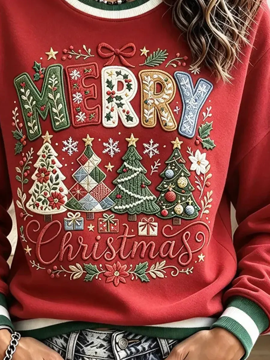 Vintage Christmas Tree Pattern Art Casual Stylish Long Sleeve Sweatshirt