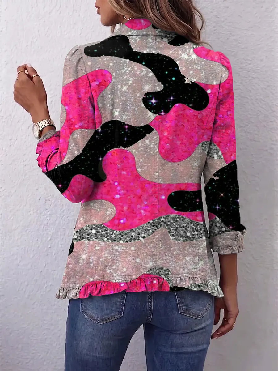 Retro Shiny Pink Pattern Art Print Ruffle Casual Stylish Cotton Lapel Coat