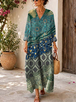 Retro Floral Patchwork Pattern Art Print Casual V-neck Long Sleeve Cotton Linen Maxi Dress