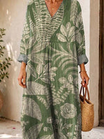 Retro Floral Pattern Art Print Casual V-neck Long Sleeve Cotton Linen Maxi Dress